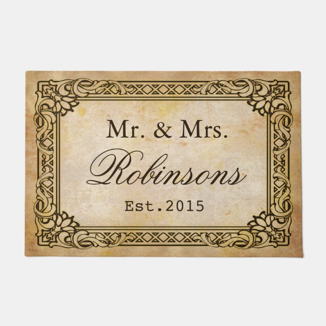Elegant Rustic Antique Frame Personalized Wedding Doormat (Front)