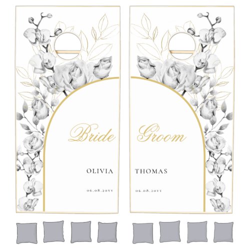 Elegant Rustic Arch Floral Black White Wedding Cornhole Set