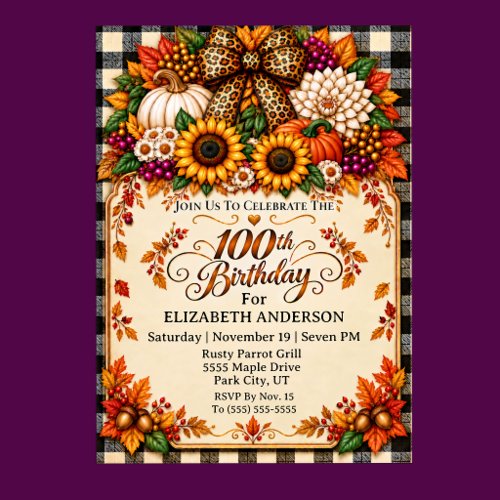 Elegant Rustic Autumn 100th Birthday Invitation