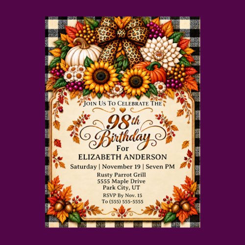 Elegant Rustic Autumn 98th Birthday Invitation