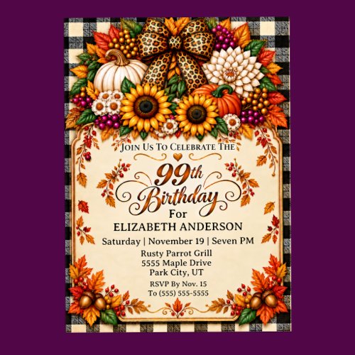 Elegant Rustic Autumn 99th Birthday Invitation