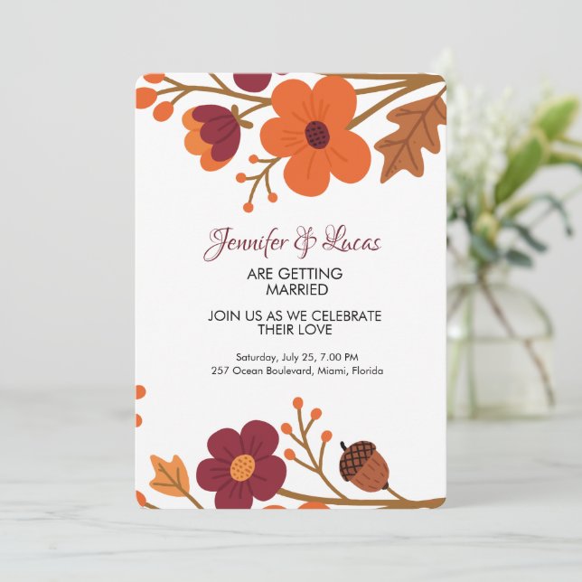 Elegant Rustic Autumn Floral Wedding  Invitation (Standing Front)