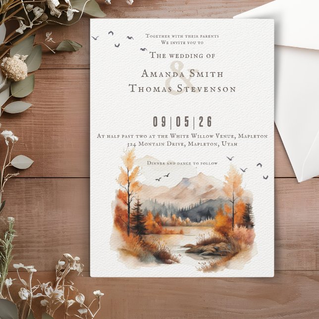 Elegant rustic autumn montain landscape wedding invitation (Creator Uploaded)