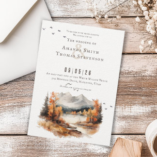 Elegant rustic autumn montain landscape wedding invitation