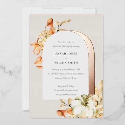 Elegant Rustic Autumn Pumpkin Arch Floral Wedding Foil Invitation