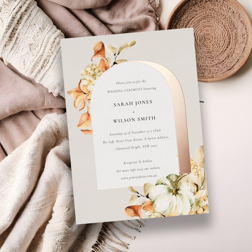 Elegant Rustic Autumn Pumpkin Arch Floral Wedding Foil Invitation