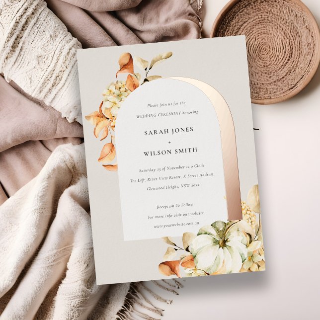 Elegant Rustic Autumn Pumpkin Arch Floral Wedding Foil Invitation (Creator Uploaded)