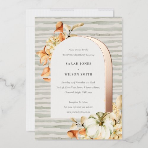 Elegant Rustic Autumn Pumpkin Arch Floral Wedding Foil Invitation