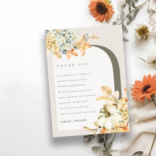 Elegant Rustic Autumn Pumpkin Arch Floral Wedding Thank You Card