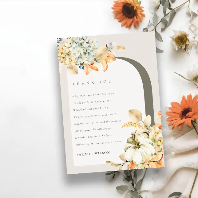 Elegant Rustic Autumn Pumpkin Arch Floral Wedding Thank You Card | Zazzle