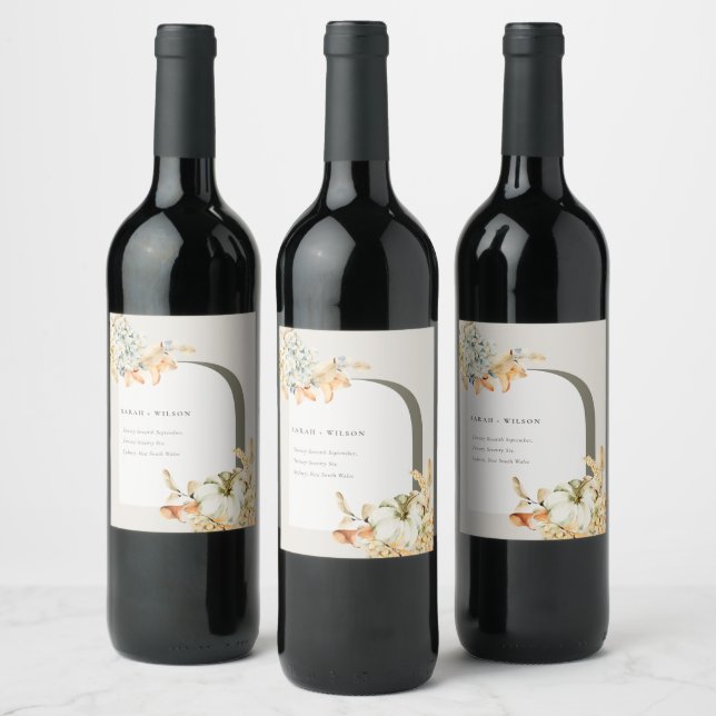 Elegant Rustic Autumn Pumpkin Arch Floral Wedding Wine Label (Bottles)