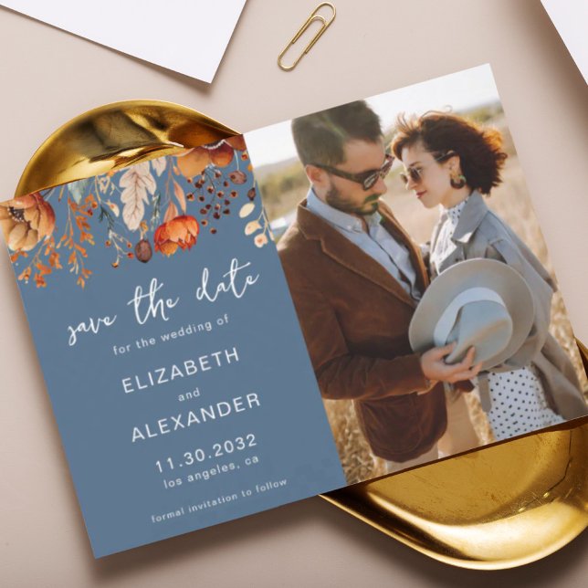 Elegant Rustic autumnal floral blue wedding photo Save The Date (Creator Uploaded)