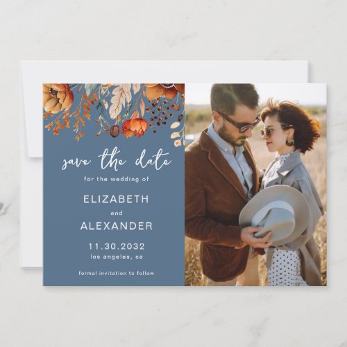 Elegant Rustic autumnal floral blue wedding photo Save The Date