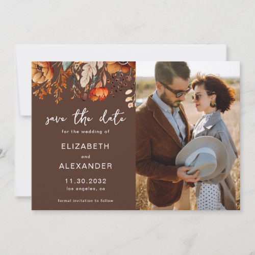 Elegant Rustic autumnal floral brown wedding photo Save The Date