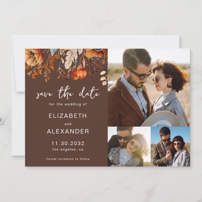 Elegant Rustic autumnal floral wedding 3 photos Save The Date (Front)