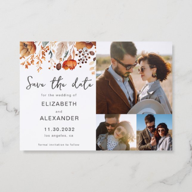 Elegant Rustic autumnal floral wedding 3 pictures Letterpress Photo Cards (Front)