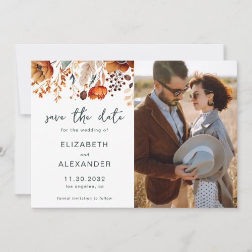 Elegant Rustic autumnal floral wedding photo Save The Date