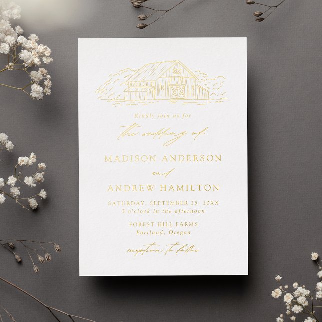Elegant Rustic Barn Wedding Foil Invitation (Creator Uploaded)