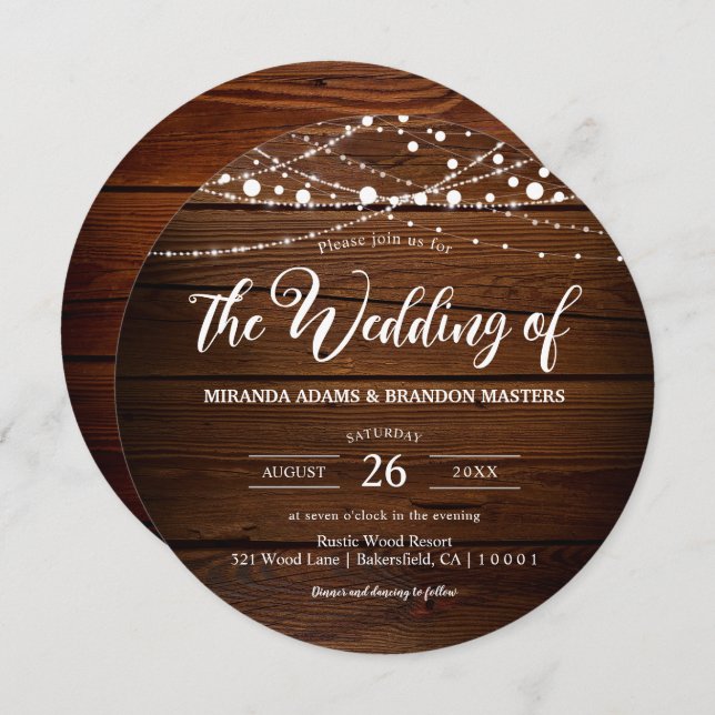 Elegant Rustic Barn Wood String Lights Wedding Invitation (Front/Back)