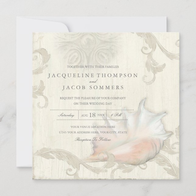Elegant Rustic Beach Seashell Conch Shell Wood Art Invitation (Front)