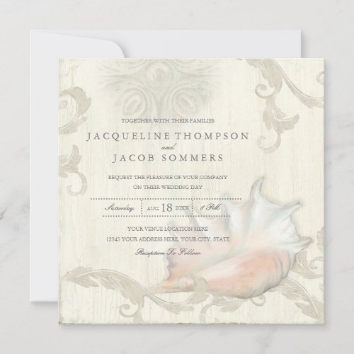 Elegant Rustic Beach Seashell Conch Shell Wood Art Invitation