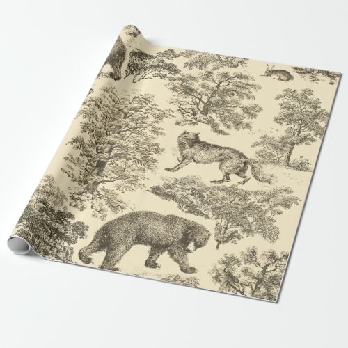 Elegant Rustic Bear Trees Beige Toile Seamless Wrapping Paper