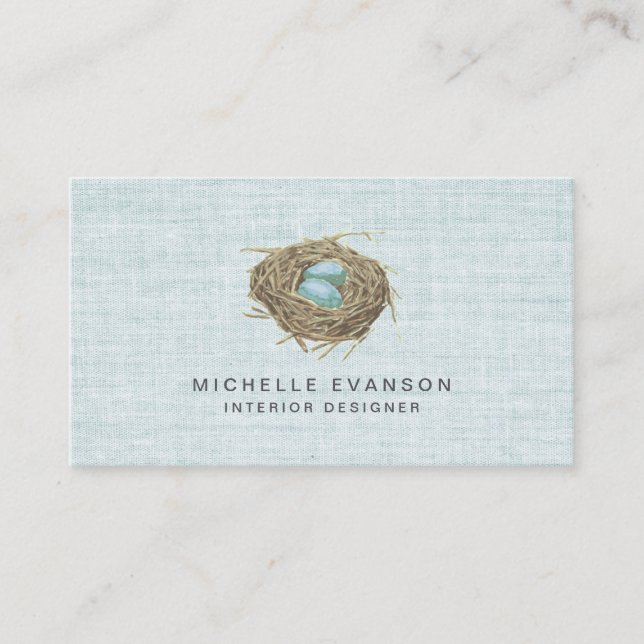Elegant Rustic Bird Nest Pastel Blue Linen Business Card (Front)