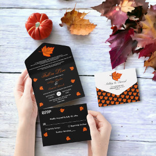 Elegant Rustic Black White Orange Fall Wedding All In One Invitation