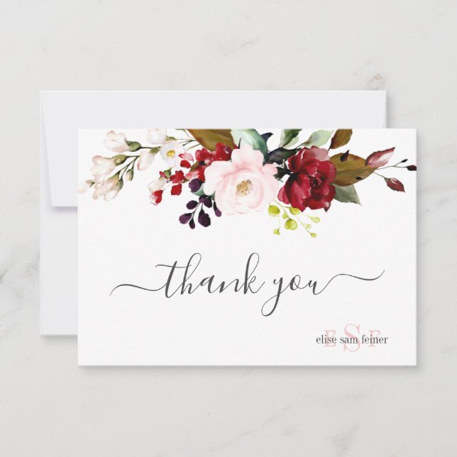 Elegant Rustic Bloom Burgundy Blush Thank You Card (Front)