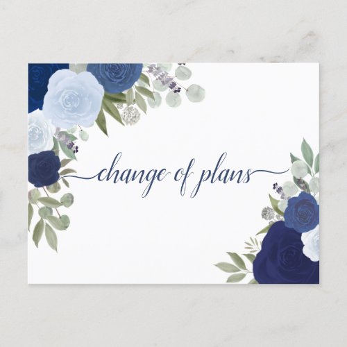 Elegant Rustic Blue Roses Change of Wedding Plans Announcement Postcard