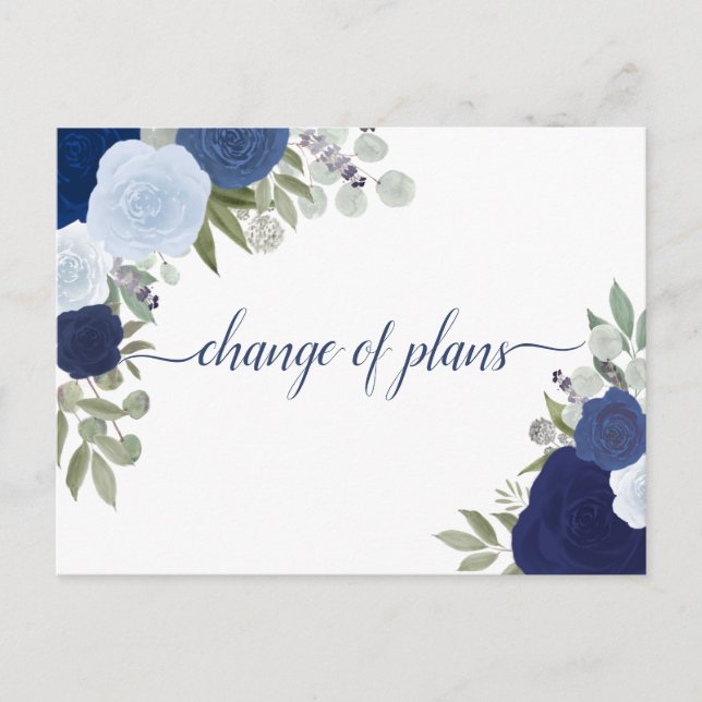 Elegant Rustic Blue Roses Change of Wedding Plans Announcement Postcard (Front)