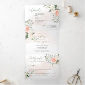 Elegant Rustic Blush Cream Watercolor Roses Tri-Fold Invitation (Inside)