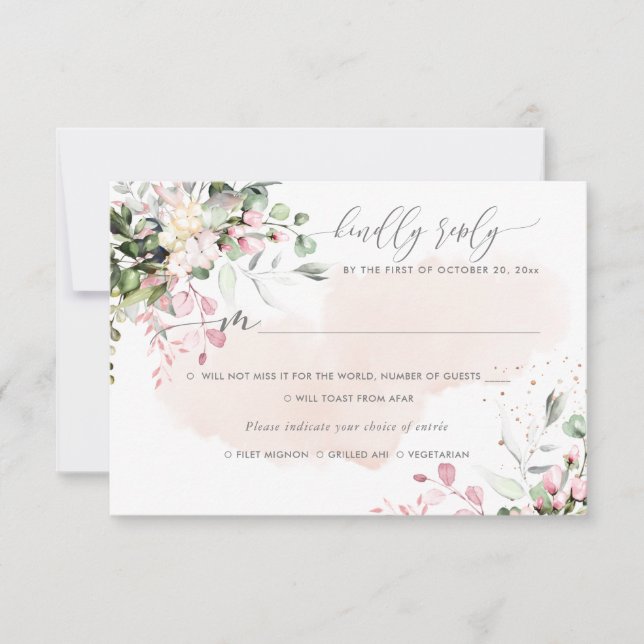 Elegant Rustic Blush Pink Eucalyptus, Meal RSVP Invitation (Front)