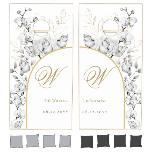 Elegant Rustic Boho Arch Floral Monogram Wedding Cornhole Set