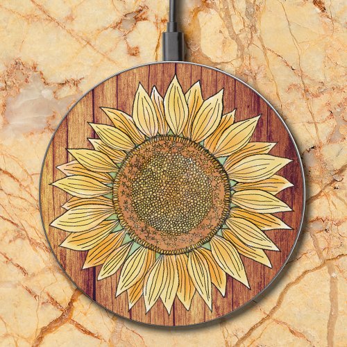 Elegant Rustic Boho Art Farmhouse Yellow Sunflower Wireless Charger