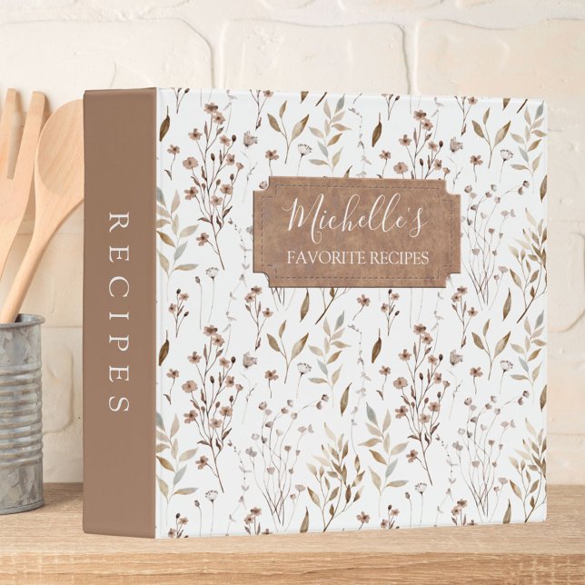Elegant Rustic Boho Brown Fall Botanical Recipe 3 Ring Binder (In situ)