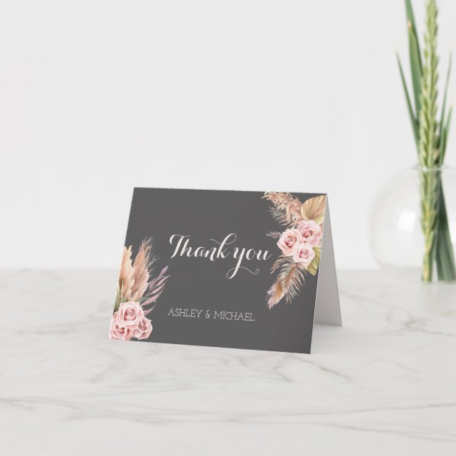 Elegant Rustic Boho Chic Floral Black Wedding Thank You Card (Front)
