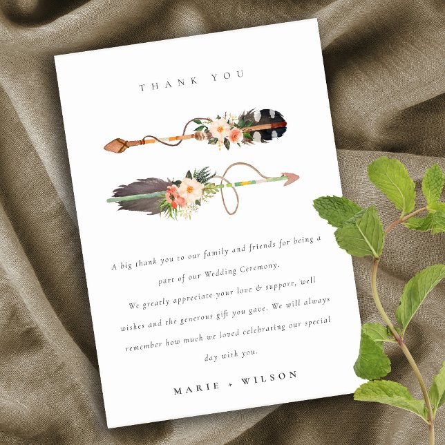 Elegant Rustic Boho Feather Floral Arrow Wedding Thank You Card (Creator Uploaded)