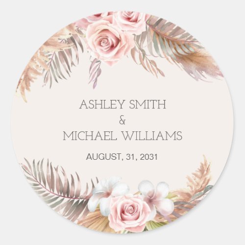 Elegant Rustic Boho Floral Botaniqe Wedding Classic Round Sticker