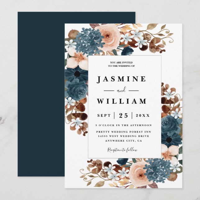 Elegant Rustic Boho Floral Navy Blue Wedding  Invitation (Front/Back)