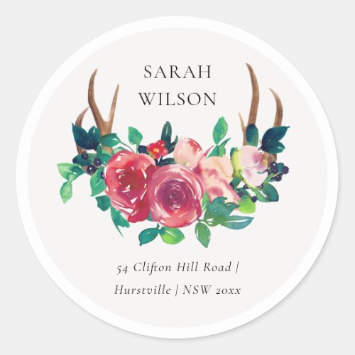 Elegant Rustic Boho Floral Stag Antlers Address  Classic Round Sticker