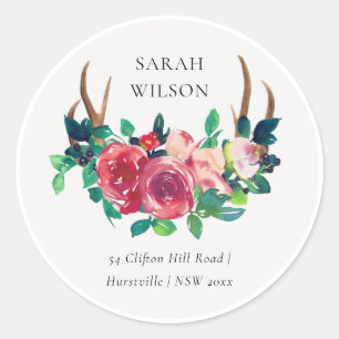 Elegant Rustic Boho Floral Stag Antlers Address Classic Round Sticker