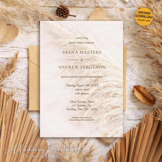 Elegant Rustic Boho Pampas Grass Wedding Invitation (Creator Uploaded)
