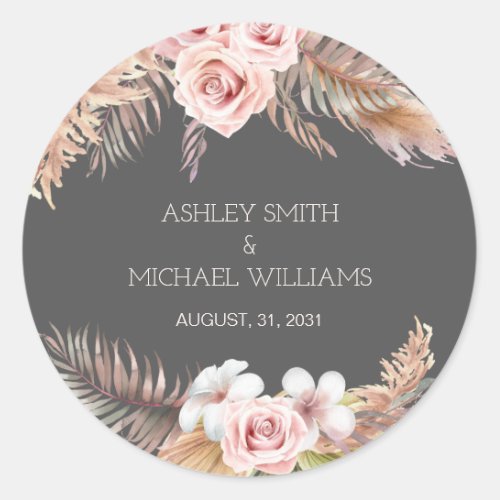 Elegant Rustic Boho Pampass Grass Dark Wedding Classic Round Sticker