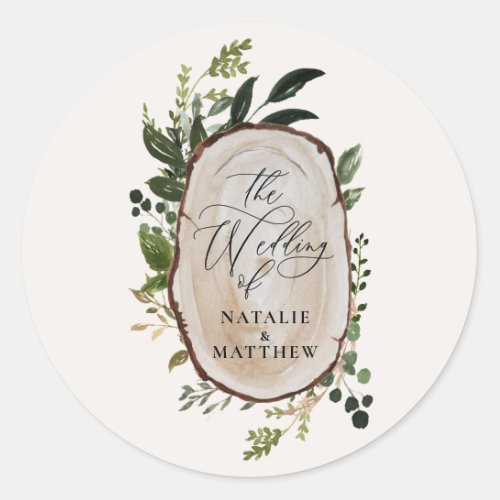 Elegant Rustic Botanical Greenery wedding party Wi Classic Round Sticker