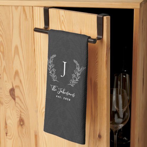 Elegant rustic botanical laurel monogram name kitchen towel