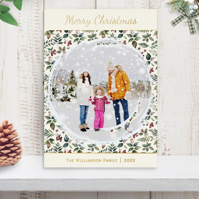 Elegant Rustic Botanical Pretty Christmas Foil Holiday Card (A Christmas card with custom photo, name and year, with festive greenery pattern and foil detail)
