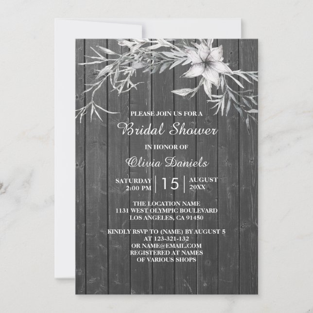 Elegant rustic Bridal Shower. Gray wood barn Invitation (Front)