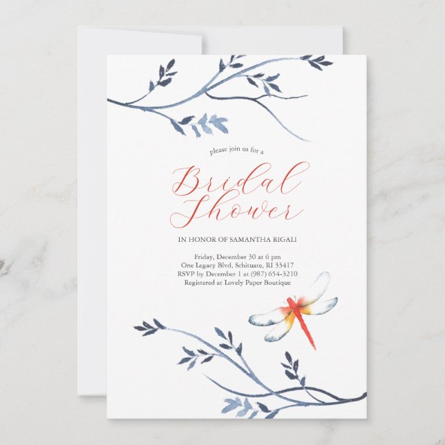 Elegant Rustic Bridal Shower Invitations Dragonfly (Front)