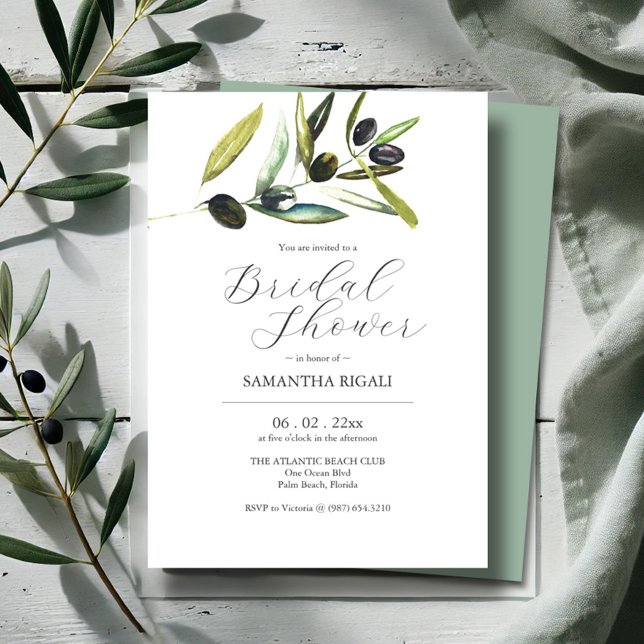 Elegant Rustic Bridal Shower Invitations Olive (Bridal shower invitations botanical watercolor olive branch by Victoria Grigaliunas Do Tell A Belle)